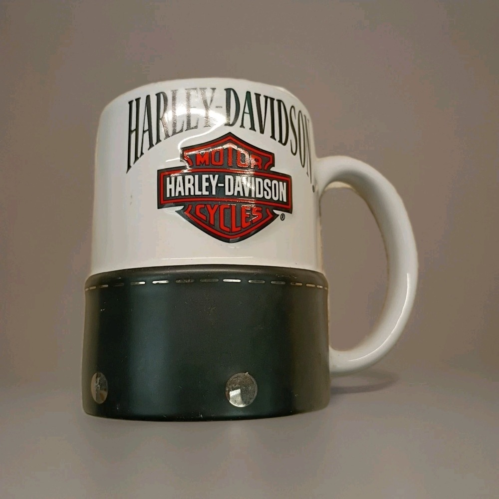 Harley Davidson Coffee Mug Shield Logo‎ Leather Look w/Studs 2009 16 oz by RUSS